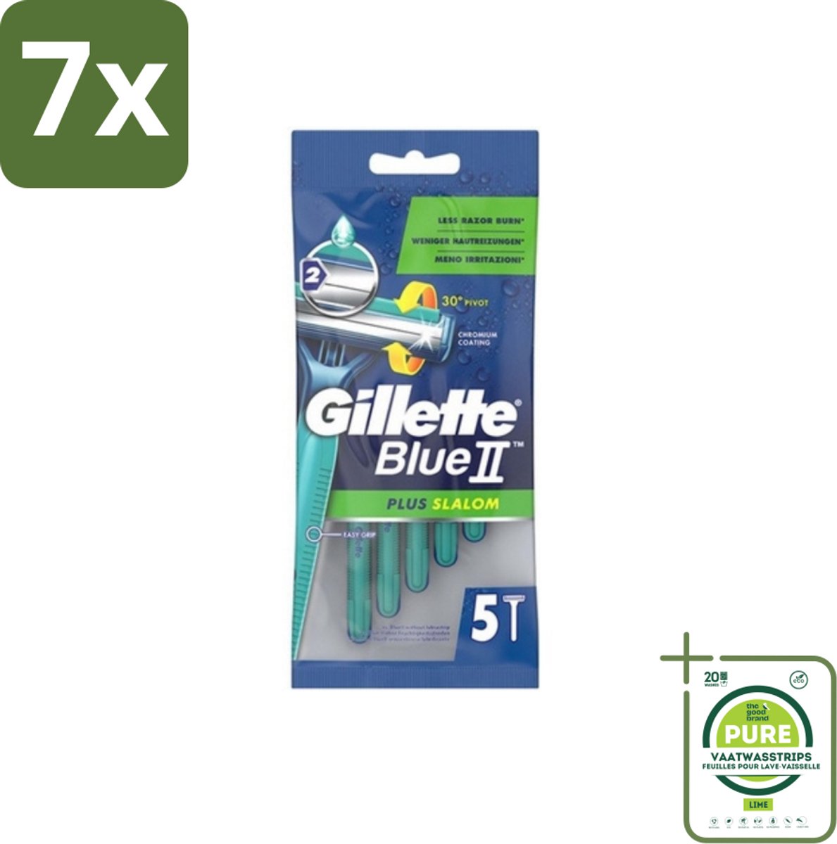 7 x Gillette Blue II - Plus Slalom - Wegwerpscheermesjes - 5 Scheermesjes - Grootverpakking - Wegwerp Scheermesjes - Scheermesjes Voor Mannen - Gillette Blue II - Scheermesjes - Scheermesjes Met Lubrifiant
