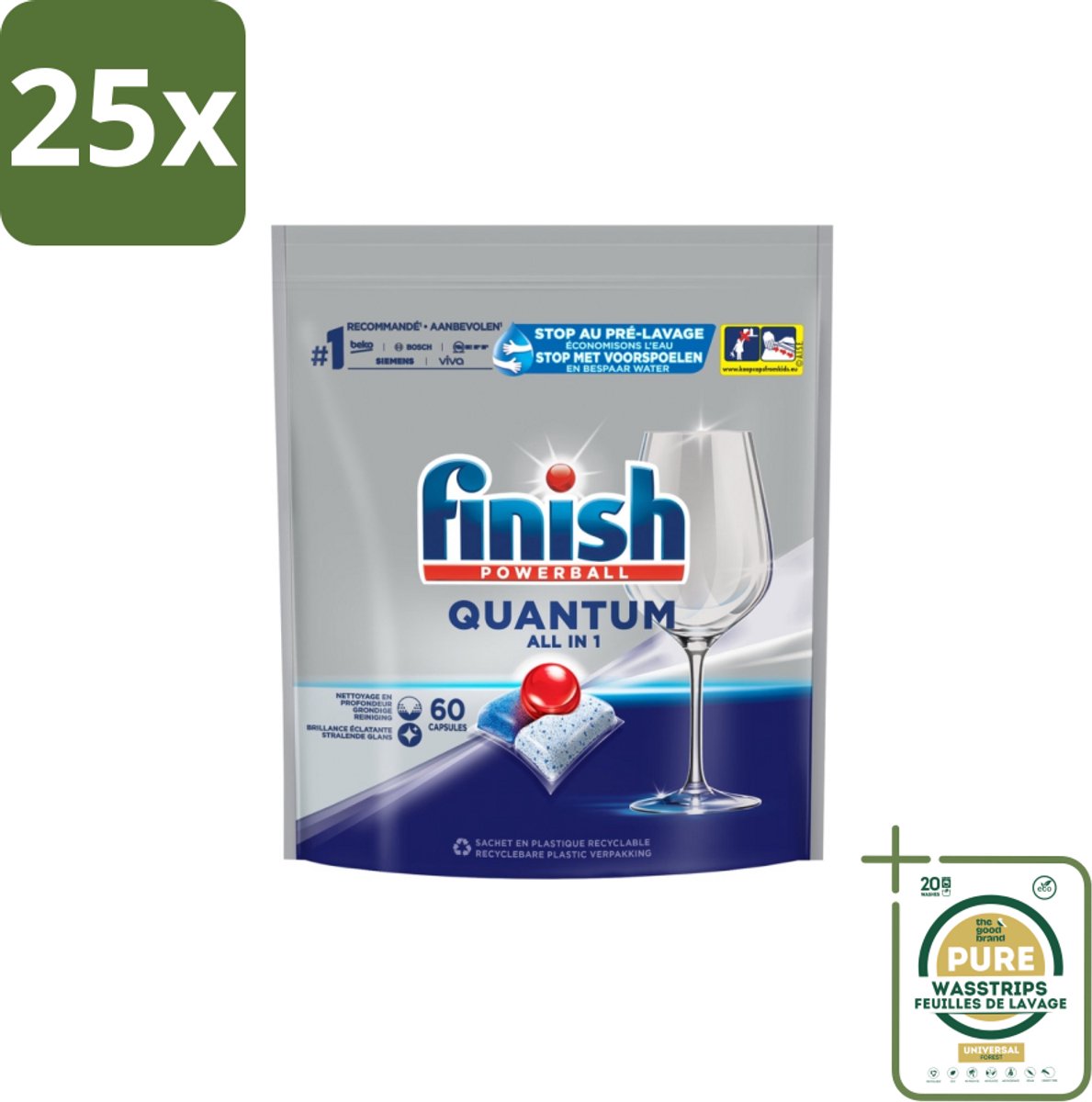 25 x Finish – Vaatwastabletten – Quantum All-in-1 – 60 Capsules - Grootverpakking - Vaatwastabletten - Vaatwassen - Reiniging - Glans - Vet Verwijderen