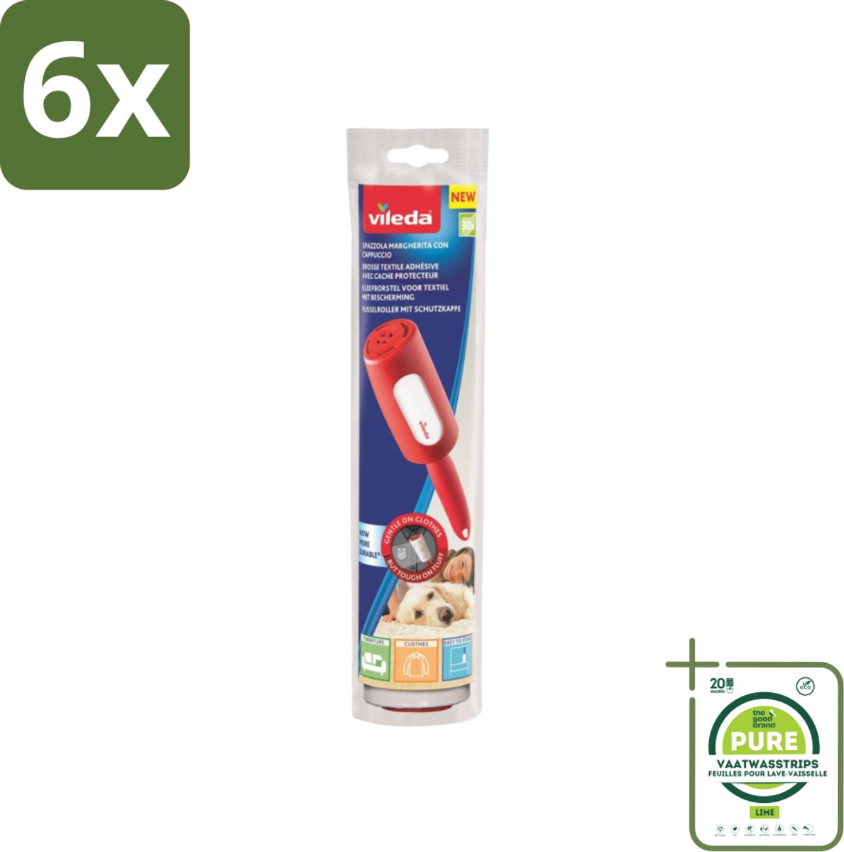 Vileda - Lintroller - Pluisverwijderaar - Inclusief Beschermkap - 30 Vellen - Voordeelverpakking - 6 stuks - Pluisverwijderaar - Lintroller