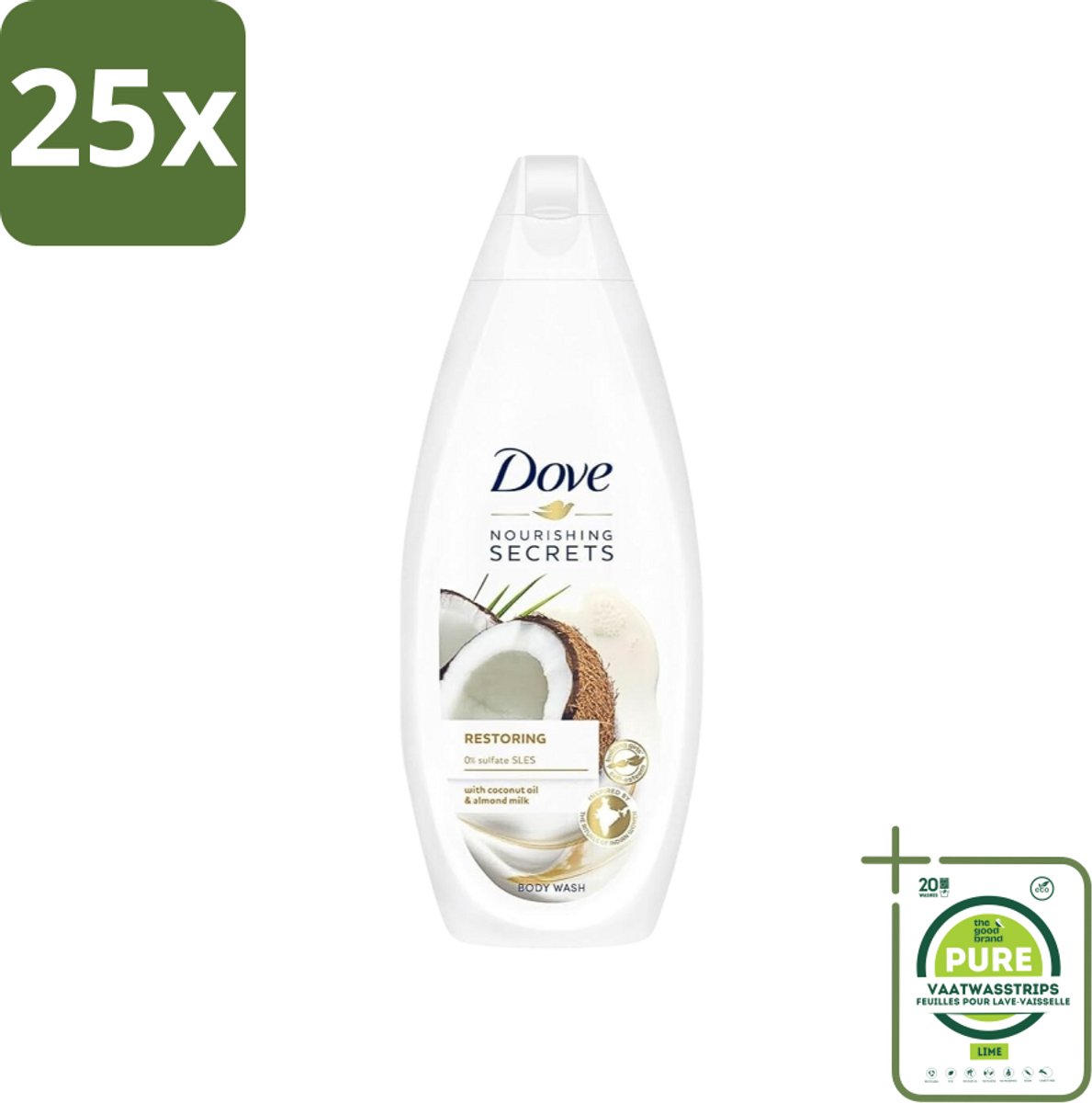 25 x Dove Nourishing Secrets - Douchegel - Kokosolie & Amandel melk - Sulfaatvrij - 250 ml - Grootverpakking - Douchegel - Kokosolie - Amandelmelk - Hydratatie - Sulfaatvrij