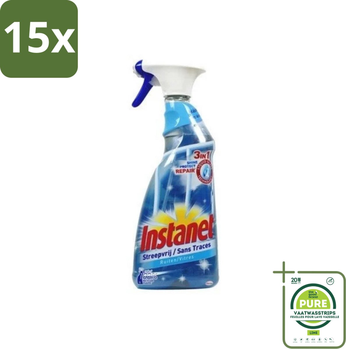 15 x Instanet - Ruitenreiniger - Streepvrij - 3in1 Spray - 725 ml - Grootverpakking - Ruitenreiniger - Streepvrije Ramen - Ramen Schoonmaken - Ruitenspray - Reinigingsalcohol