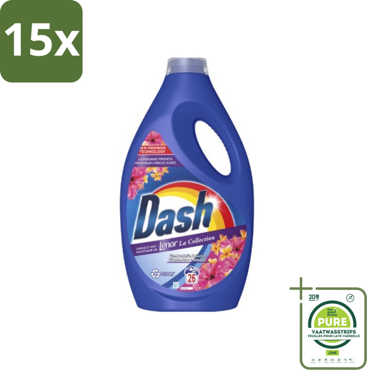 15 x Dash - Lenor Collectie - Vloeibaar Wasmiddel - Witte en Gekleurde Was - Kersenbloesem - 26 Wasbeurten - Grootverpakking - Wasmiddel - Vloeibaar Wasmiddel - Lenor - Geur - Gemberlelie