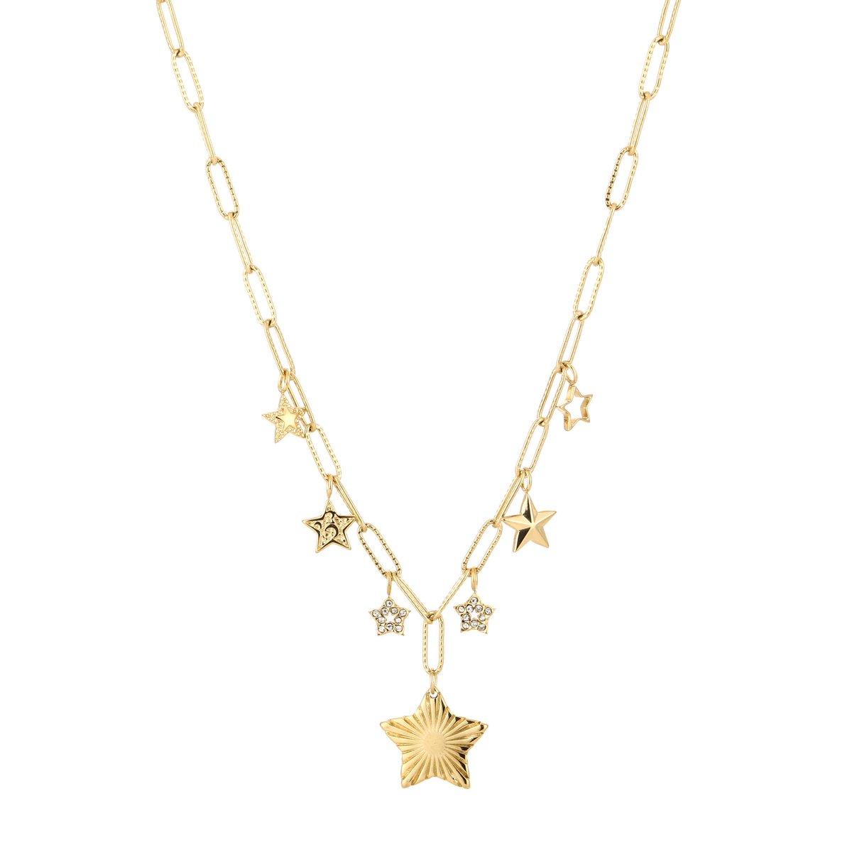 Ketting Ster - Goudkleurig Kleurvast Stainless Steel - Zirkonia - Kerstcadeau - Sinterklaas - Feestdagen Halsketting Sterretjes