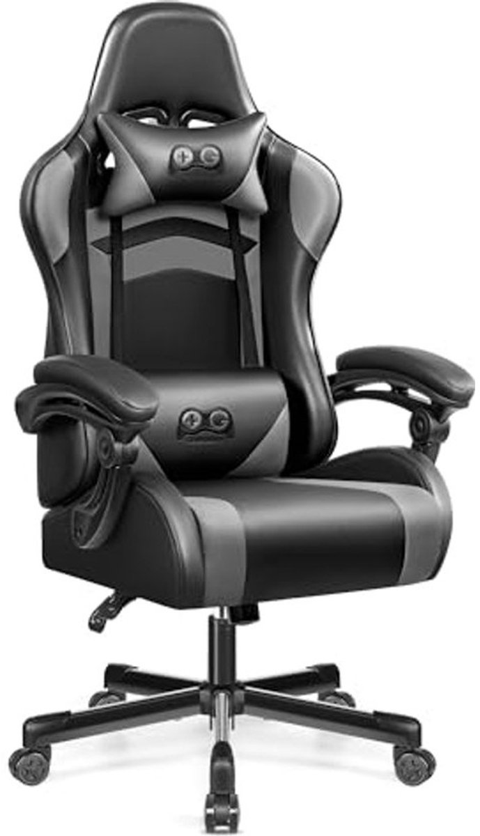 Ergonomische Gamingstoel met Hoge Rugleuning - Verstelbare Racing-Stijl Stoel voor Computer en Kantoor - Inclusief Hoofdsteun en Lendensteun - Grijs
