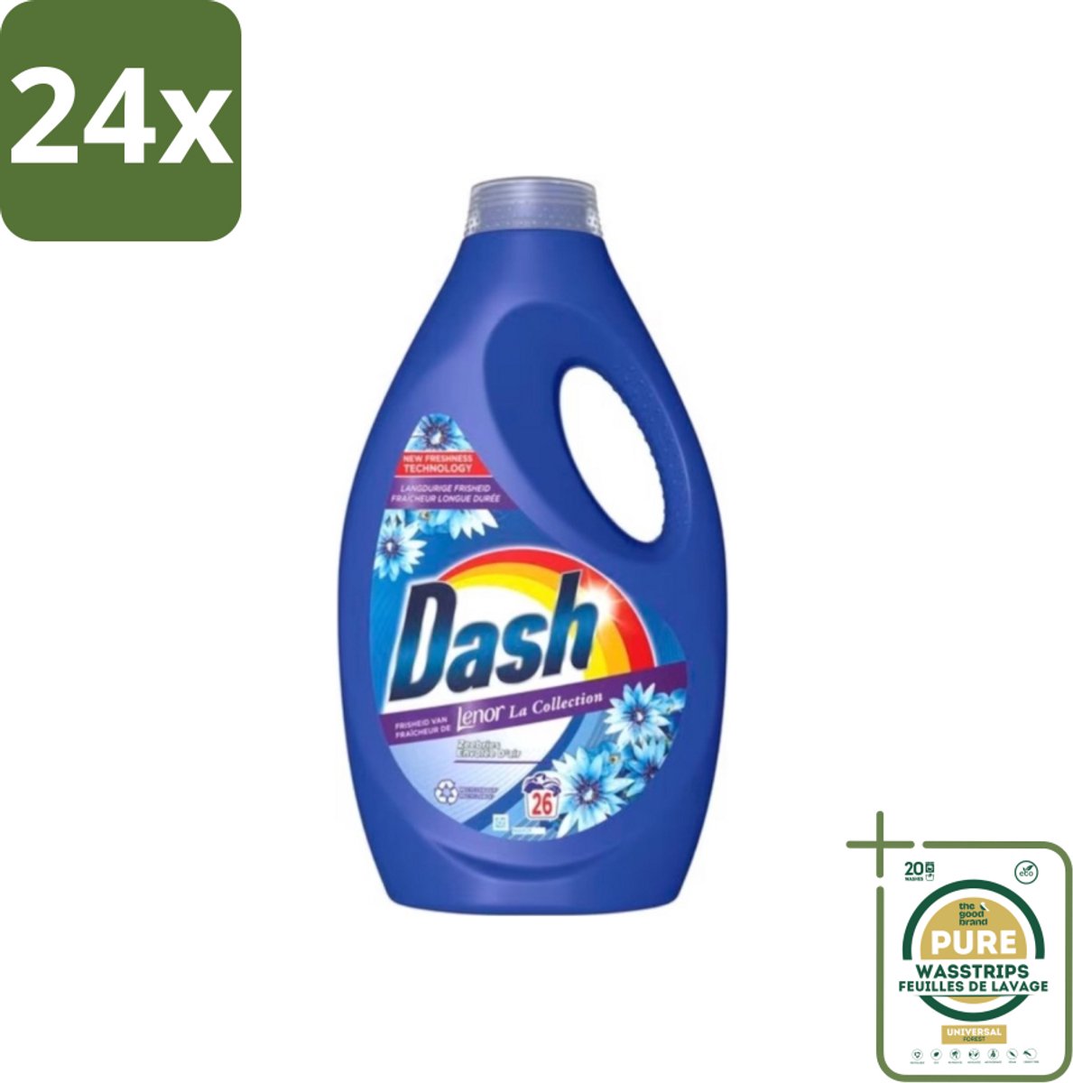 Dash - Lenor Collectie - Vloeibaar Wasmiddel - Witte en Gekleurde Was - Zeebries - 26 Wasbeurten - Voordeelverpakking - 24 stuks - Zeebries - Vloeibaar wasmiddel