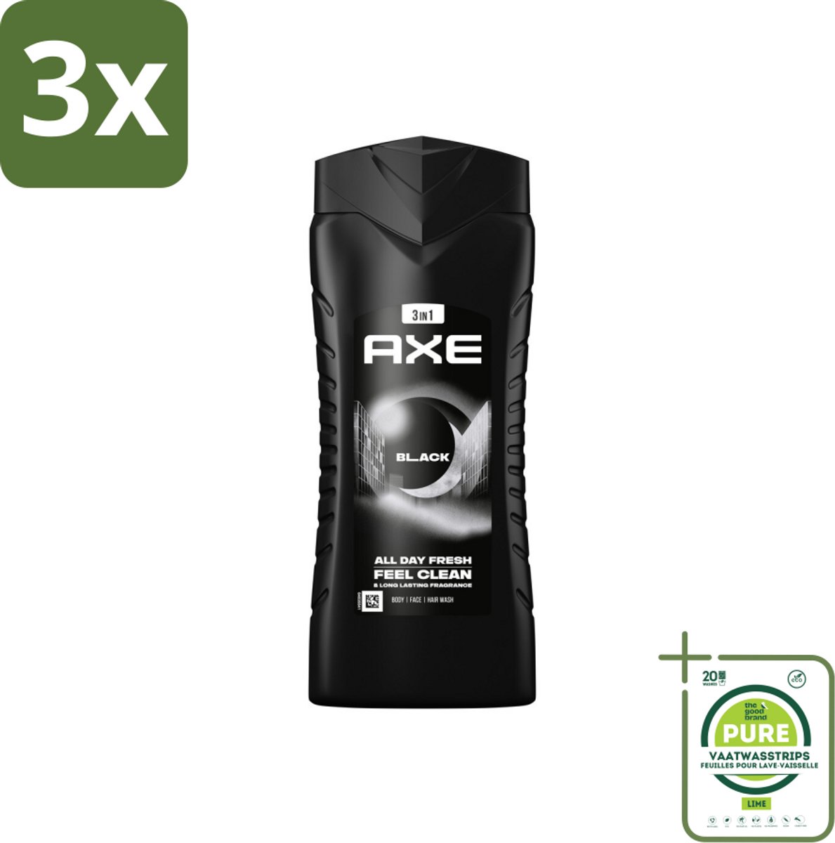 3 x Axe 3-in-1 Douchegel XL Black 400 ml - Grootverpakking - Douchegel - Axe - Black - Bevroren Peer - Cederhout