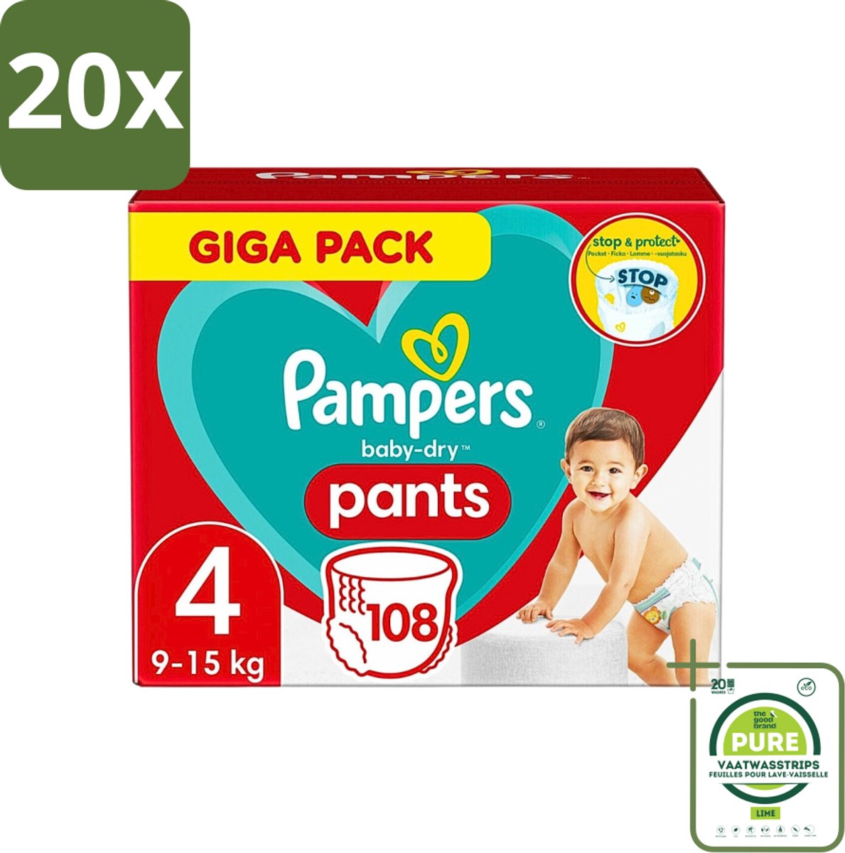 20 x Pampers - Baby-Dry Pants - Luierbroekjes - Maat 4 (9-15 kg) - Comfort Fit - 108 Luiers - Grootverpakking - Pampers Luierbroekjes - Baby Luier - Luier Maat 4 - Luierbroekjes 9-15 Kg - Luierbroekjes Comfort Fit