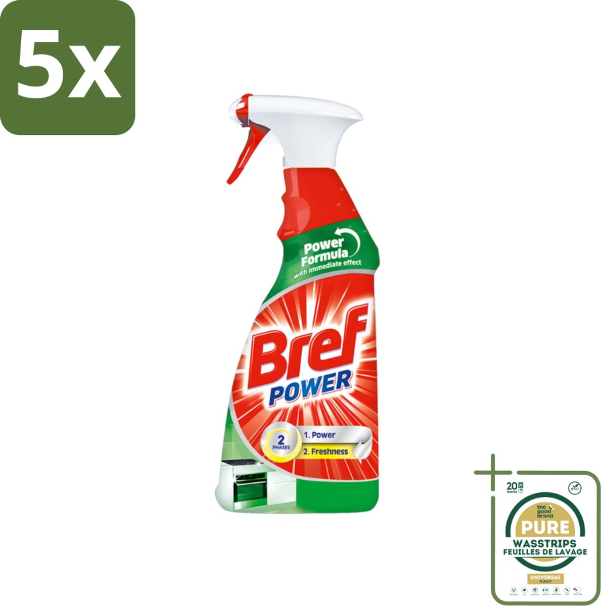 5 x Bref Power - Keukenreiniger - Spray - Ontvetter - 750 ml - Grootverpakking - Keukenreiniger - Ontvettingscrème - Vet Verwijderen - Krachtige Spray - Keuken Reinigen