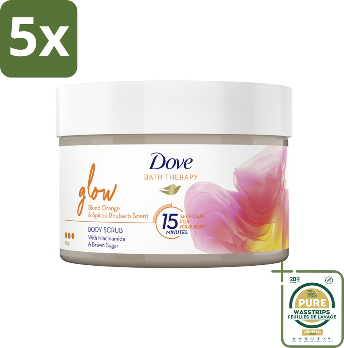 5 x Dove Bath Therapy Glow - Bodyscrub - Bloedsinaasappel & Rabarber - 295 ml - Grootverpakking - Huid Verzorging - Huid Stralen - Huid Glans - Huid Exfoliatie - Huid Hydratatie