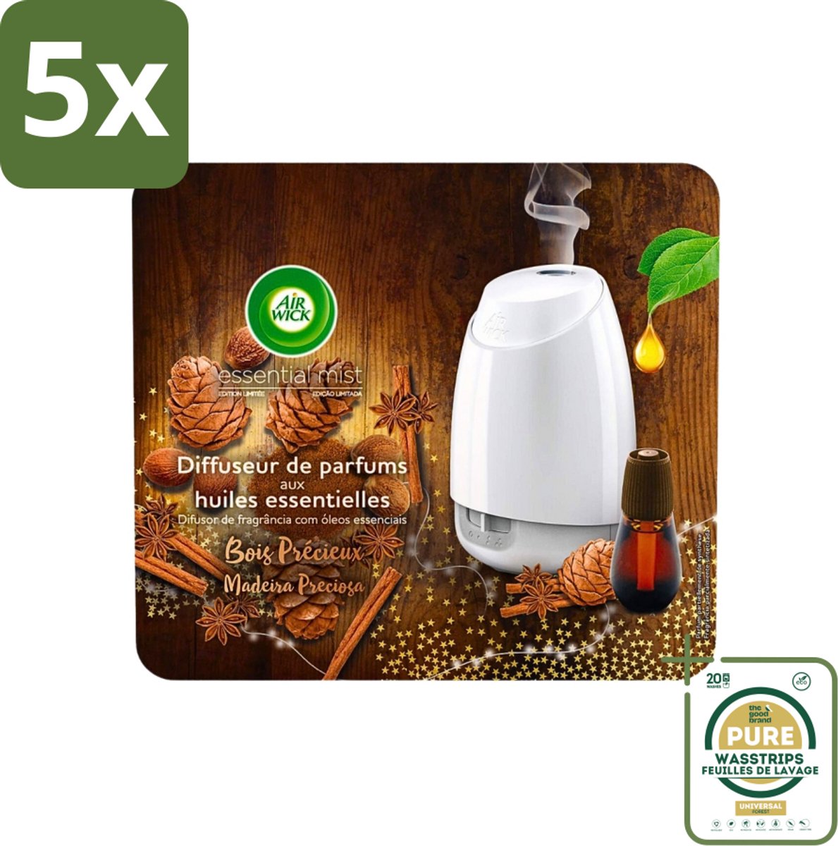 5 x Air Wick Essential Mist - Starterkit - Edelhout - 20ml - Grootverpakking - Essentiële Olie - Geurverspreider - Kostbaar Hout - Luchtgeur - Warme Geur