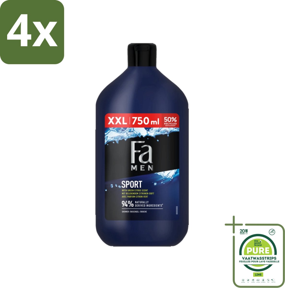 Fa Men - Sport - Douchegel - Groene Citrus - 750 ml - Voordeelverpakking - 4 stuks - Douchegel - Mannen