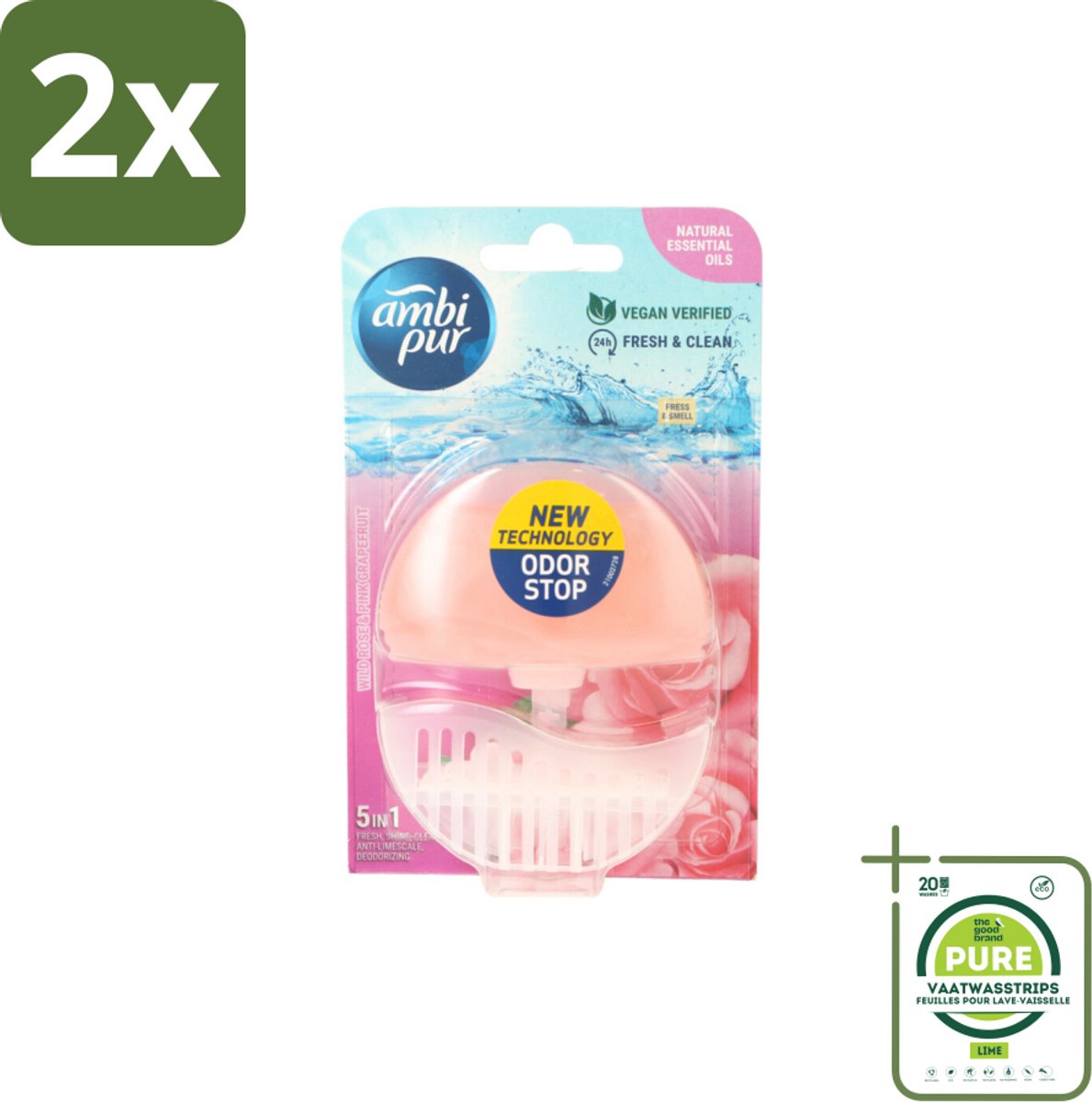 Ambi Pur Toiletblok Starterkit 5in1 Wild Rose & Pink Grapefruit - Voordeelverpakking - 2 stuks - Toiletblok - Toilet reiniging