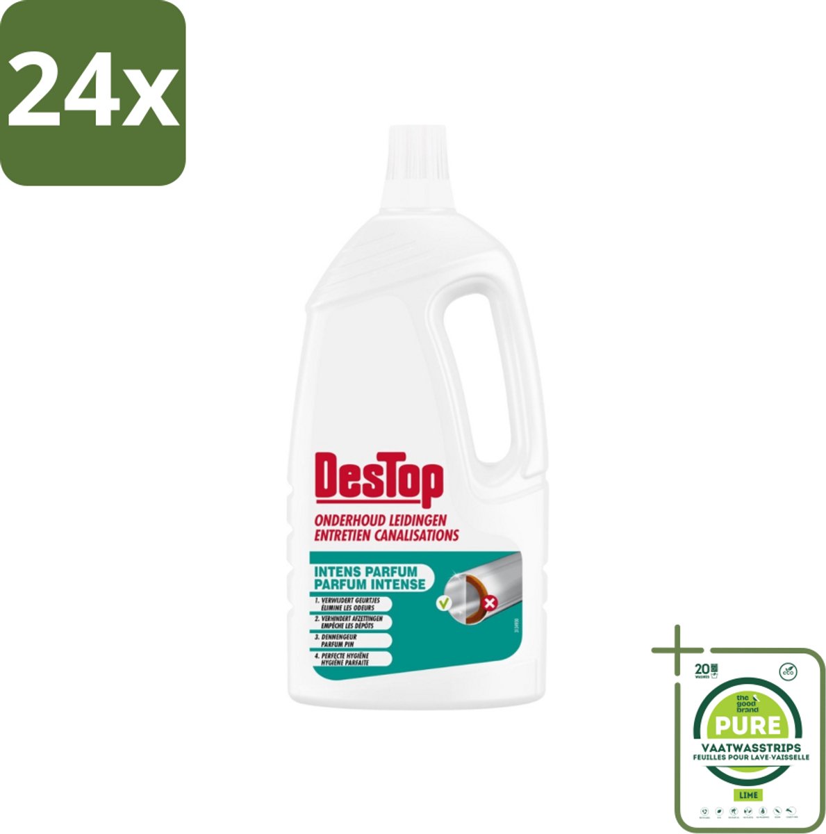 DesTop - Onderhoud Leidingen - Frisse Dennen geur - 4-in-1 Werking - 1,5L - Voordeelverpakking - 24 stuks - Leidingen schoonmaken - Leidingen ontstoppen