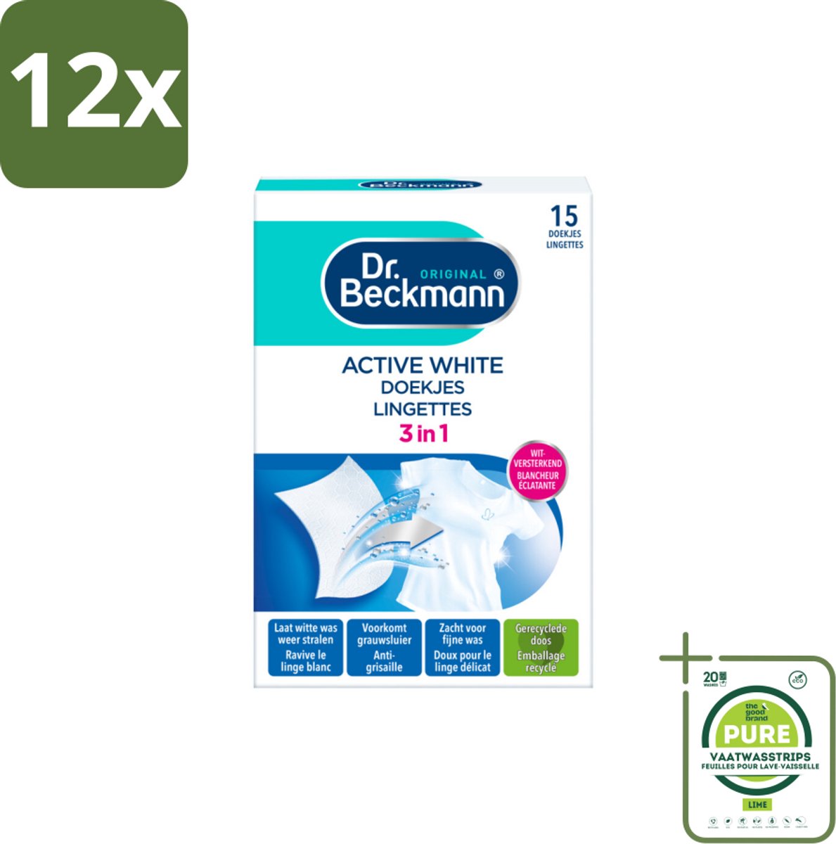 Dr. Beckmann - Kleurverzorging - Active White - Witte Was - 15 Doekjes - Voordeelverpakking - 12 stuks - Witte was - Wasverzorging