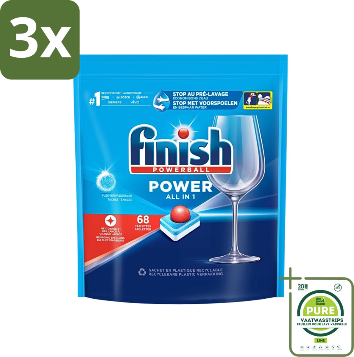 3 x Finish Powerball - Power All in 1 - Vaatwastabletten - Reiniging & Glans - 68 Tabletten - Grootverpakking - Vaatwastabletten - Vaatwassertabletten - Diepe Reiniging - Vlekken Verwijderen - Glanzend Resultaat