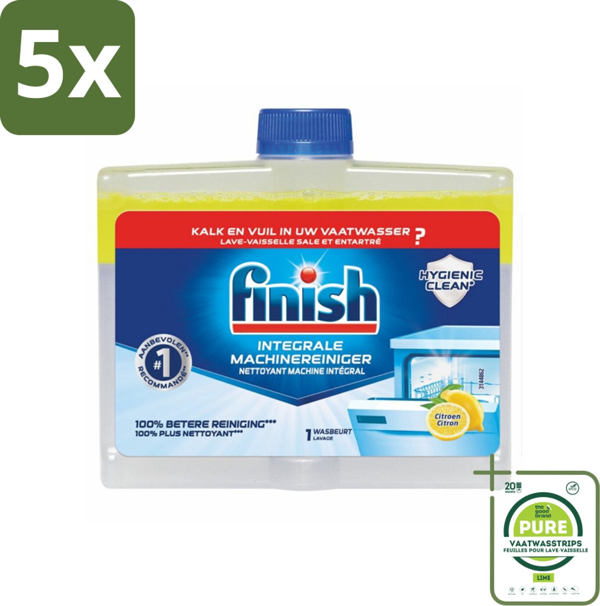 5 x Finish - Integrale Machinereiniger - Hygienic Clean - Anti-Kalk & Anti-Vuil - Citroen - 250ml - Grootverpakking - Vaatwasmachine Reiniger - Vaatwasser Schoonmaken - Anti-kalk - Vaatwasser Onderhoud - Finish
