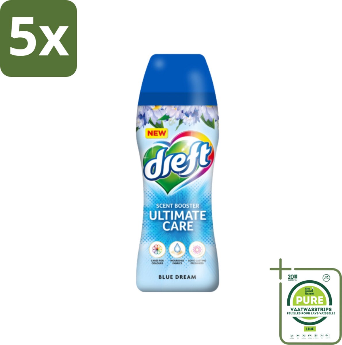 5 x Dreft - Ultimate Care - Wasverzachter - Geurbooster - Gekleurde Was - Blauwe Droom - 15 Wasbeurten - Grootverpakking - Wasverzachter - Geur - Wasmiddel - Blauwe Geur - Kleurbescherming