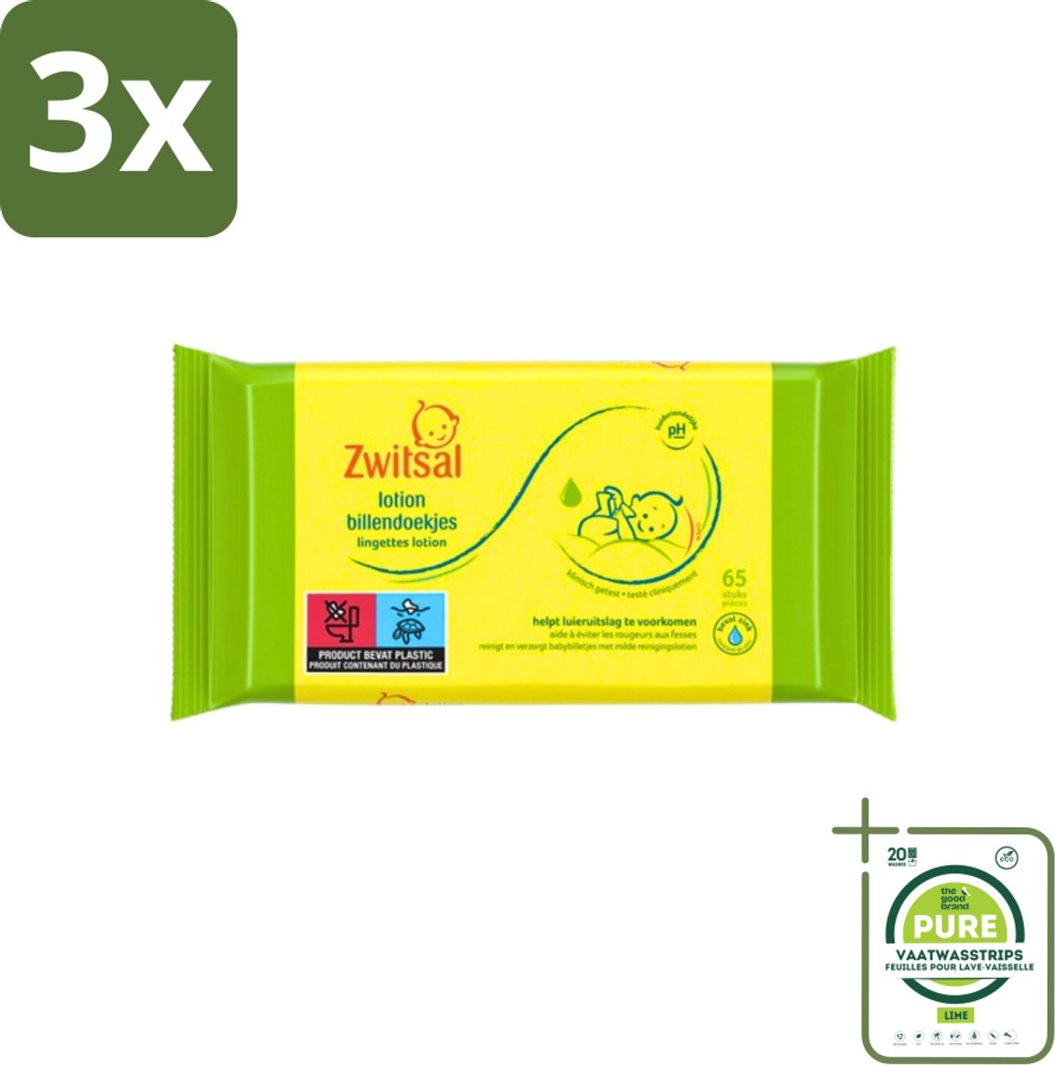 3 x Zwitsal - Babyverzorging - Billendoekjes Lotion - Voor de Gevoelige Babyhuid - 65 Doekjes - Grootverpakking - Babybillendoekjes - Billendoekjes Lotion - Luieruitslag - Babyhuid - Zachte Billendoekjes