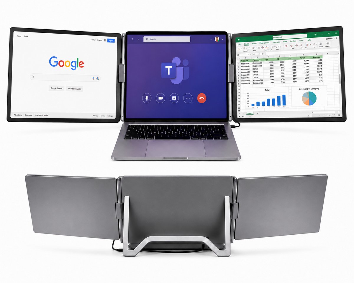 Portable Monitor - Draagbare Monitor 2x 16 Inch - 1920x1200P - One Cable Solution - Tri Screen Laptop scherm Uitbreider - Extra scherm Laptop - Plug and Play