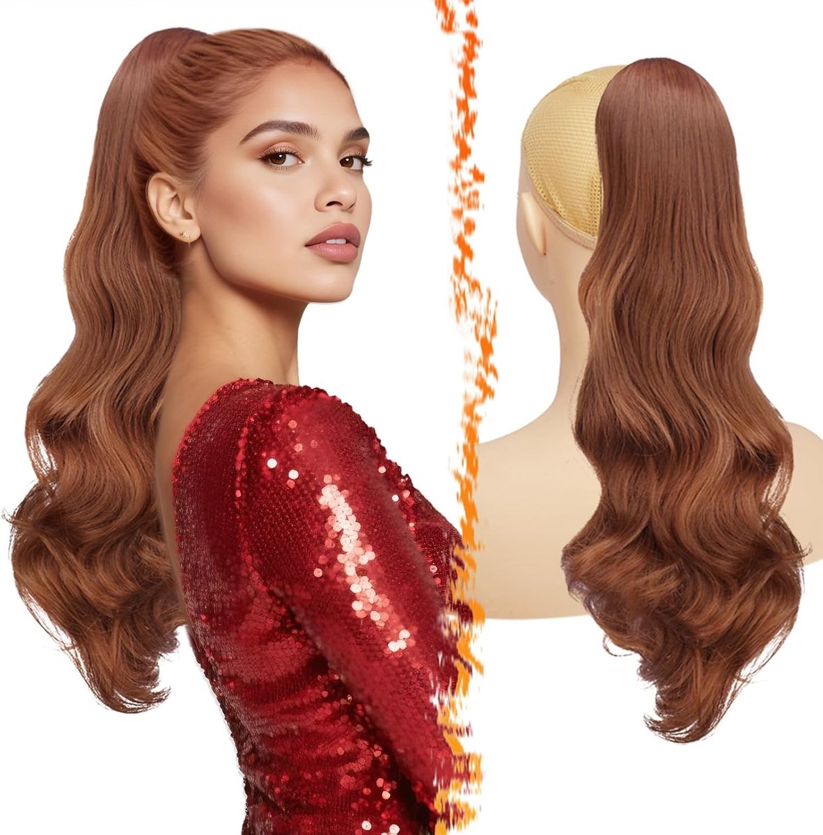 Ponytail Extensions Medium Auburn 50cm - Golvende Clip-in Paardenstaart Haarstuk met Trekkoord voor Vrouwen - Natuurlijke Uiterlijk, Synthetisch, Krullend Haaraccessoire