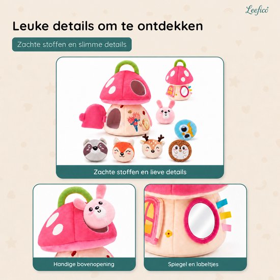Leefico Pluche Speelgoed Paddestoel Roze - Sensorisch Baby Speelgoed voor Meisjes - Baby Speelgoed 6-12 maanden - Montessori Speelgoed voor Peuter Meisje - Kinderspeelgoed met Educatieve Activiteiten - Baby Cadeau voor Meisjes van Leefico — afbeelding 2