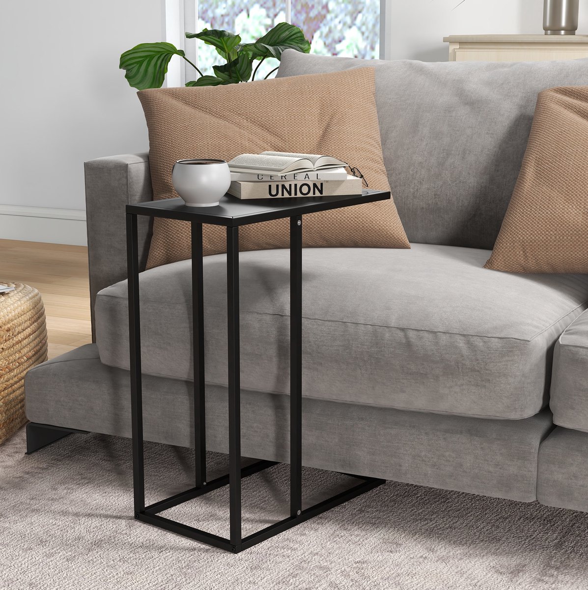 STILVORA Bijzettafel C Vorm Voor Bank En Bed Modern Zwart Stalen Frame Rechthoekig 46x26x60 Cm