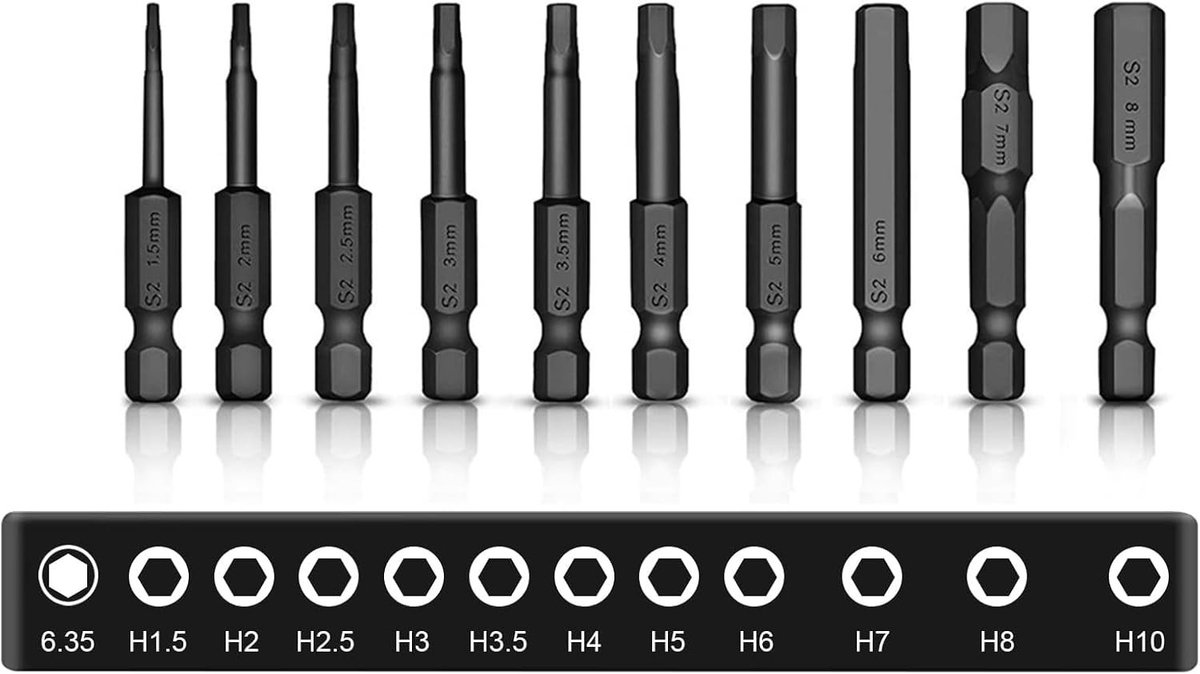 Complete Set van 9 Stuks 50mm Hex Schroevendraaiers en Bits voor Accuschroevendraaier - S3 1/4 Inch, Geschikt voor Diverse Maten H1.5 tot H10, Hex Socket Wrench Accessoires