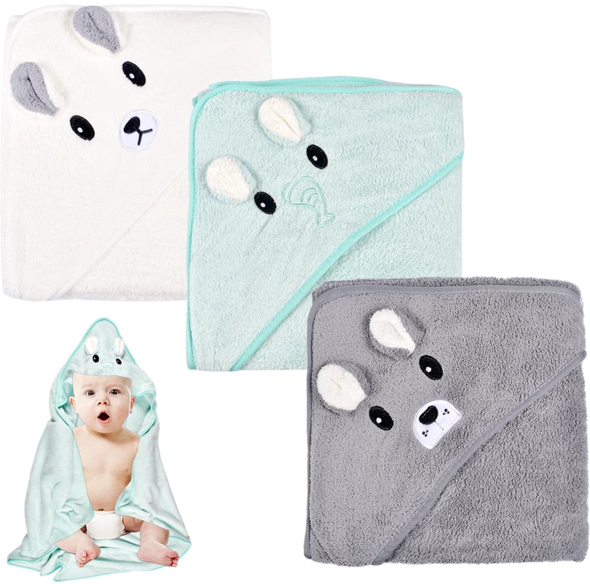 Elzusha - 3-delige Set Badhanddoeken met Capuchon voor Baby's, 80 x 80 cm