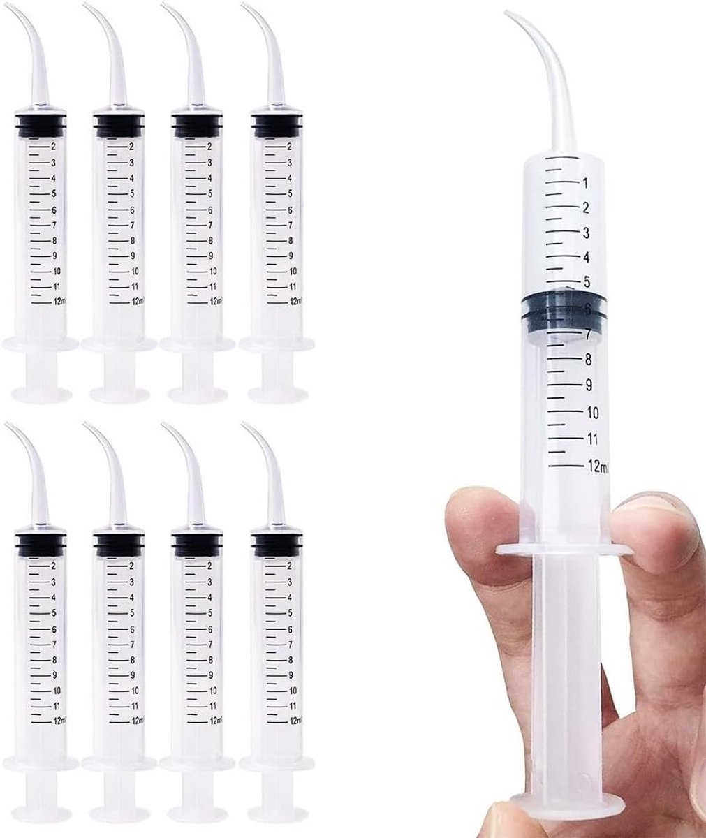 Tandspuit 12 ml met gebogen punt voor tandverzorging, oorreiniging en laboratoriumgebruik, ideaal voor huisdieren en precisiewerk