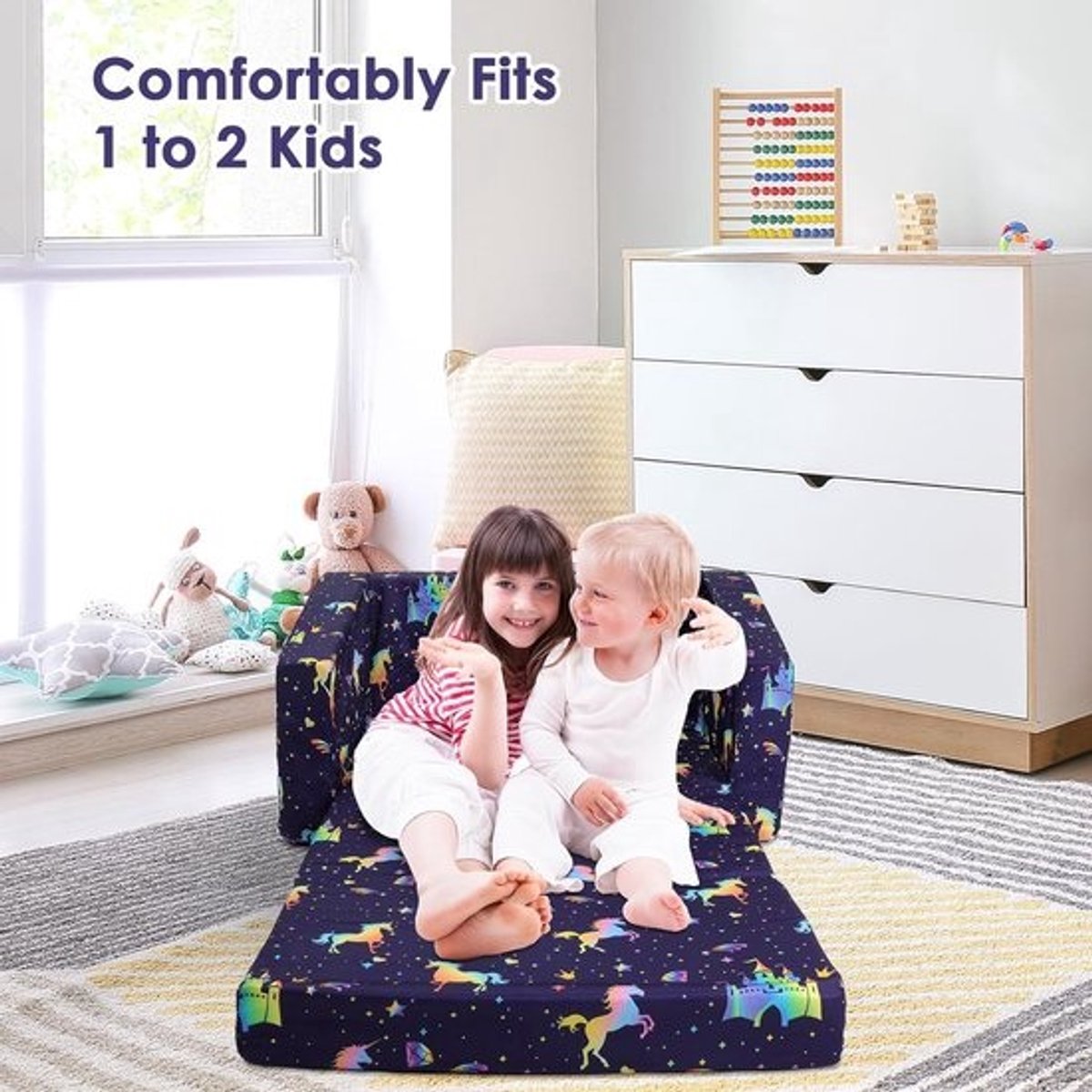 Decalsweet Foldable Children's Sofa Chair, 2-in-1 Flip Open Toddler Bench with Pocket, Children's Sofa for Bedroom Children's Room, Gift for Kids, Iridescent Unicorn