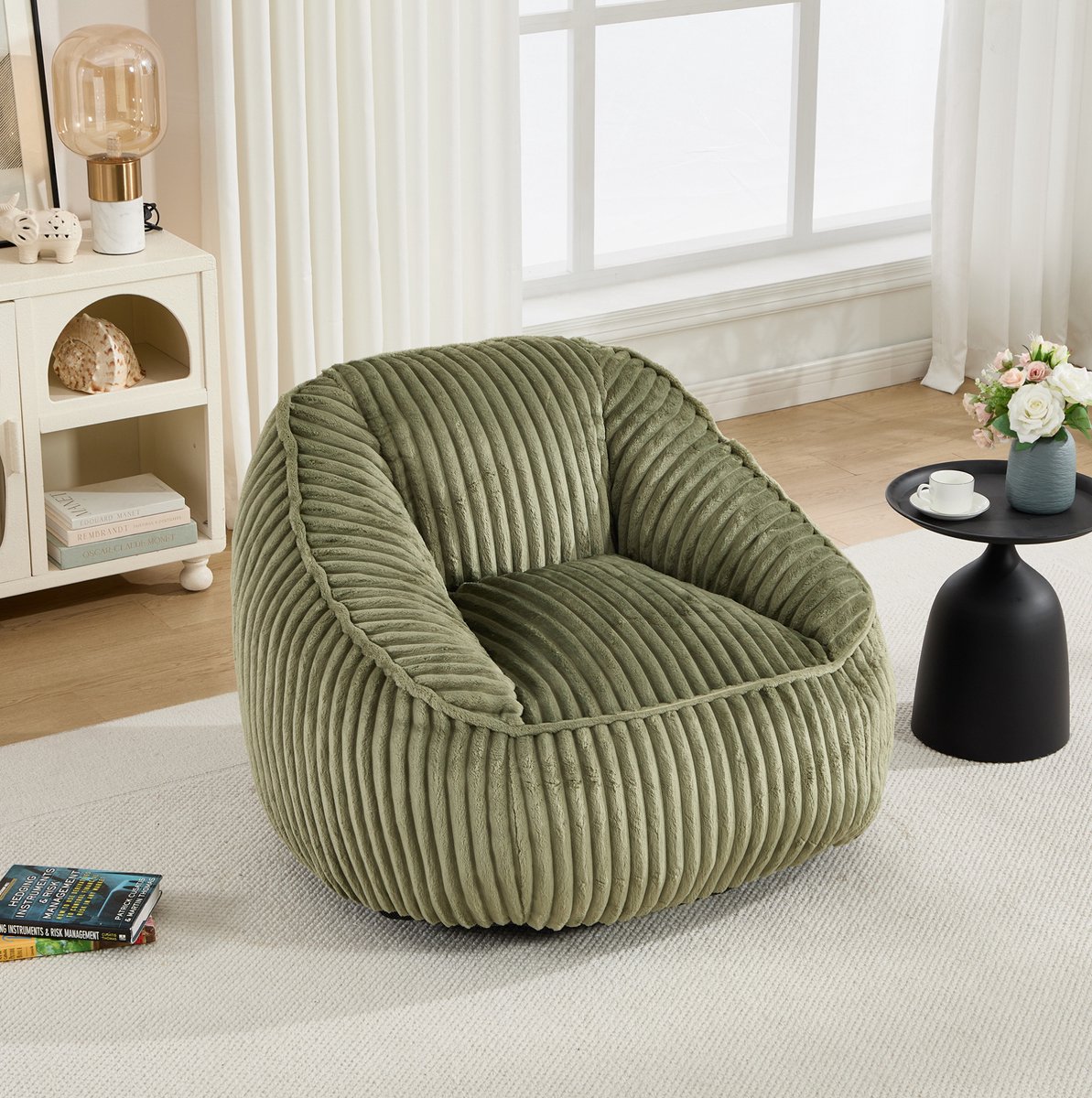 COVREO Zitzak 46x43x29 cm emerald chenille - memory foam - met rugleuning - comfortabele loungestoel voor binnen