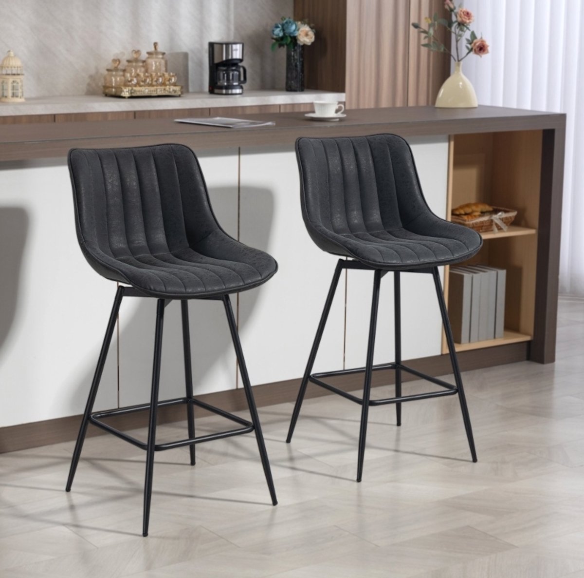 MIVRAY Barkruk Set Van 2 68 Cm - Draaibaar Met Rugleuning En Gevoerde Zitting - Voor Keuken Eettafel En Bar - Kunstleer - Zwart