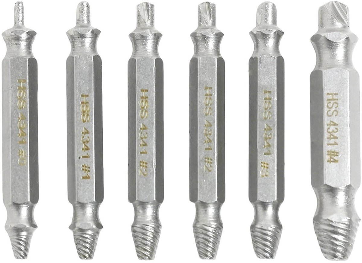 Set van 6 Extractors voor Beschadigde Schroeven - Eenvoudige Verwijdering van Stripped Schroeven, Gemaakt van HSS 4341 Staal, Hardheid 62-63 HRC, Inclusief Kunststof Behuizing
