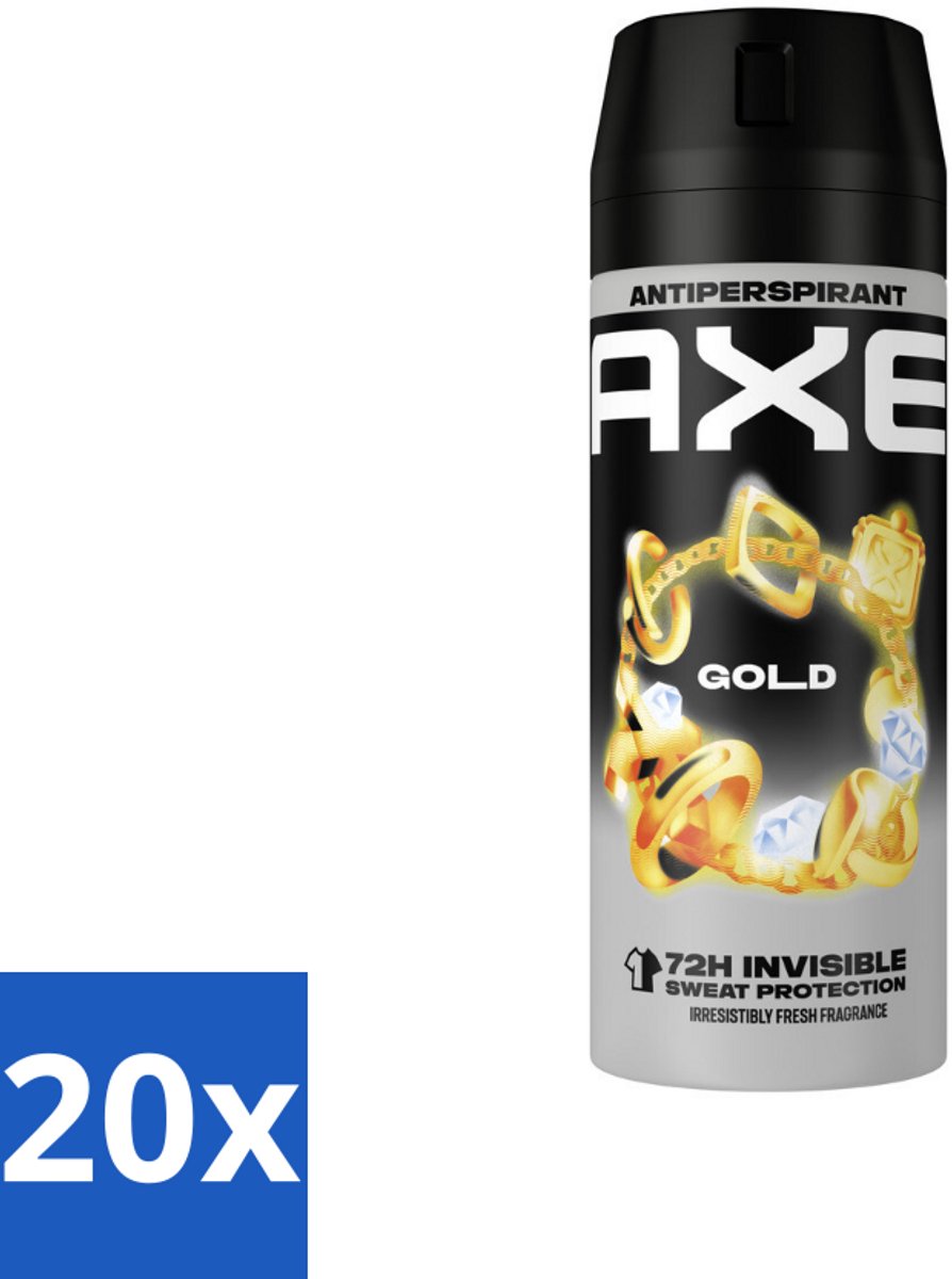 20 x Axe - Deodorant Spray - 72hrs Anti Sweat - Anti White Marks - Gold - 150 ml - Anti Transpirant Spray - 72 Uur Bescherming - Zweetvoorkomend - Witte Strepen Voorkomen - Oud Wood Geur