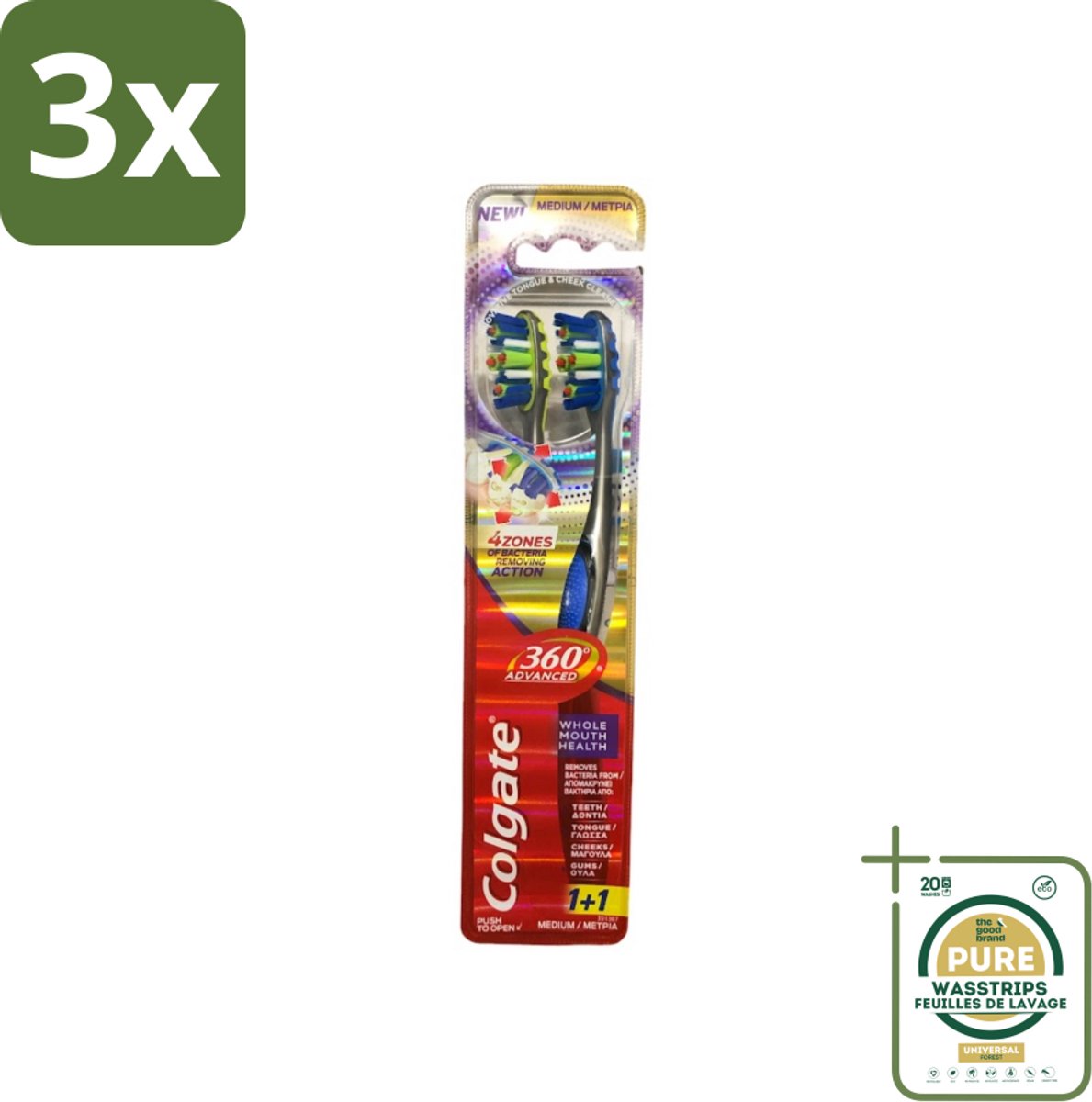 3 x Colgate - 360° Geavanceerd - Tandenborstel - Medium - 2 Tandenborstels - Grootverpakking - Tandenborstel - Mondhygiëne - Tandenborstel 360° - Bacteriën Verwijderen - Tanden Reinigen