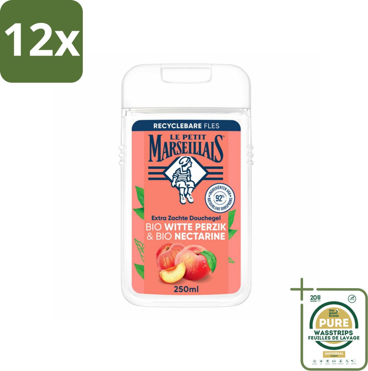 Le Petit Marseillais – Douchegel – Bio Perzik & Nectarine – Verfrissend – 250 ml - Voordeelverpakking - 12 stuks - Bio douchegel - Fruitige douchegel