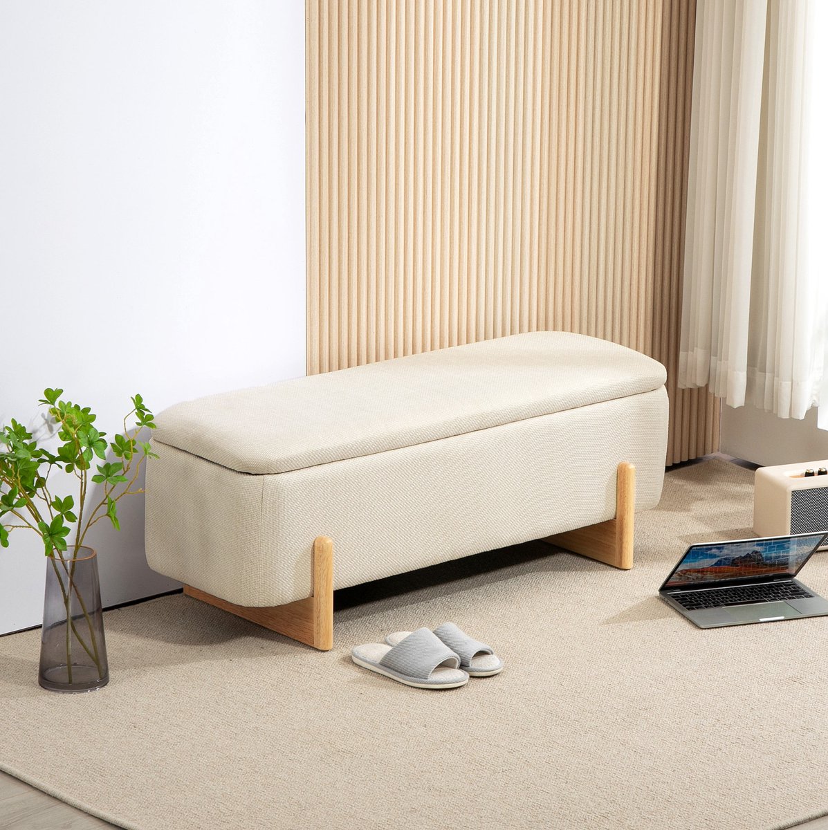 REDOM - Opbergbank - Verborgen opbergruimte - Veiligheidsscharnieren - Zachte zitting - Scandinavische stijl - Woonkamer, slaapkamer of hal - Polyester - Beige - 111 x 44 x 44,5 cm