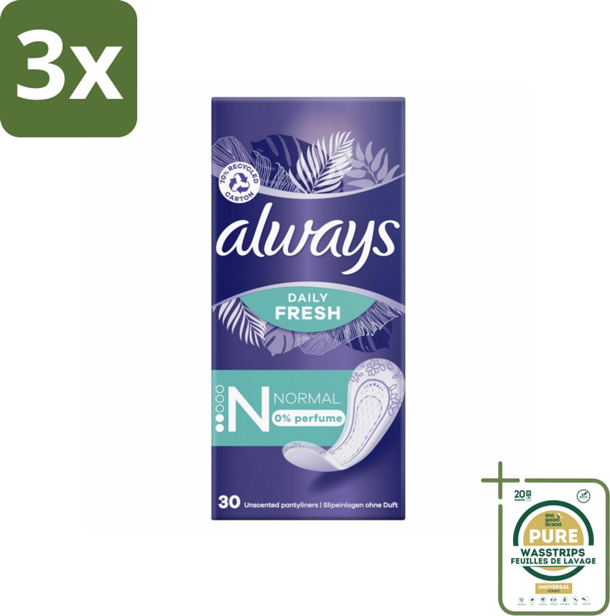 3 x Always Daily Fresh - Inlegkruisjes - Normaal - Ongeparfumeerd - 30 Inlegkruisjes - Grootverpakking - Inlegkruisjes - Geurneutralisatie - Actipearls - Dermatologisch Getest - Droog Gevoel