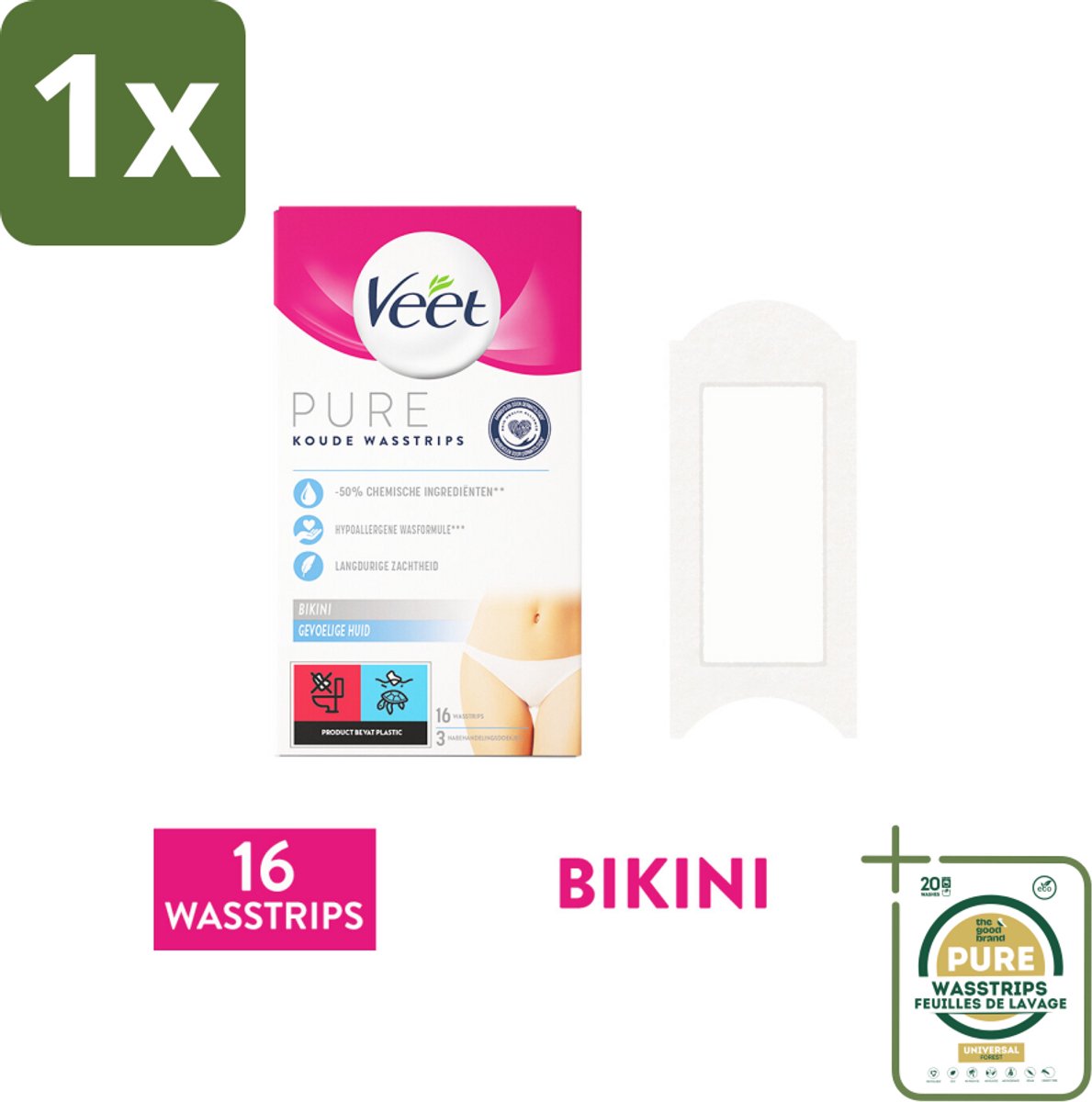 1 x Veet Ontharingsstrips Bikinilijn Pure Gevoelige Huid 16 stuks per verpakking- Ontharen Bikini - Ontharingsstrips - Ontharing Huid - Hypoallergene Ontharing - Ontharing Gevoelige Huid