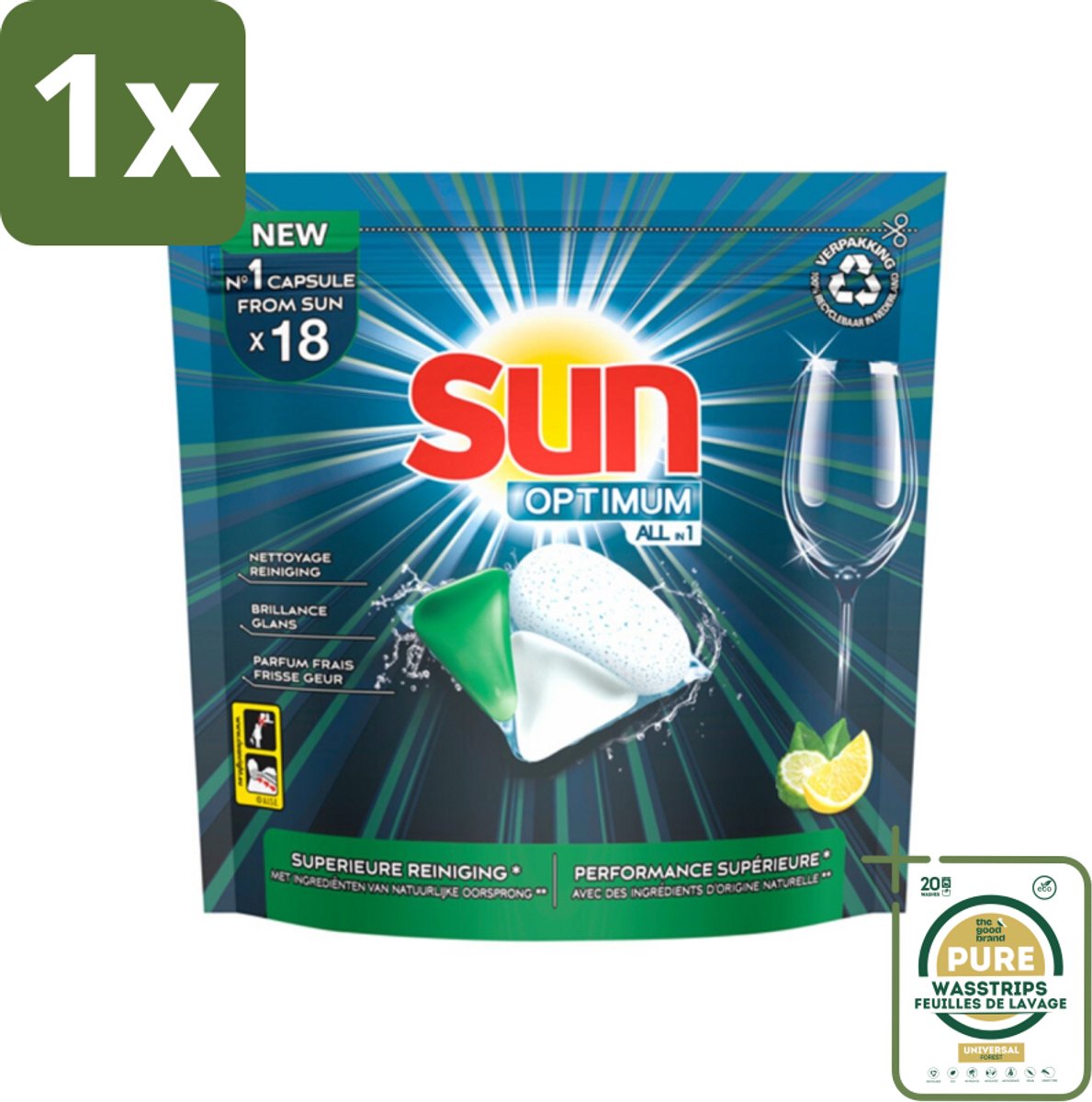 1 x Sun Optimum - All-in-1 - Vaatwasmiddel - Capsules - Citroen - 18 Capsules- Vaatwasmiddel - Vaatwascapsules - Citroen - Reiniging - Spoelglans