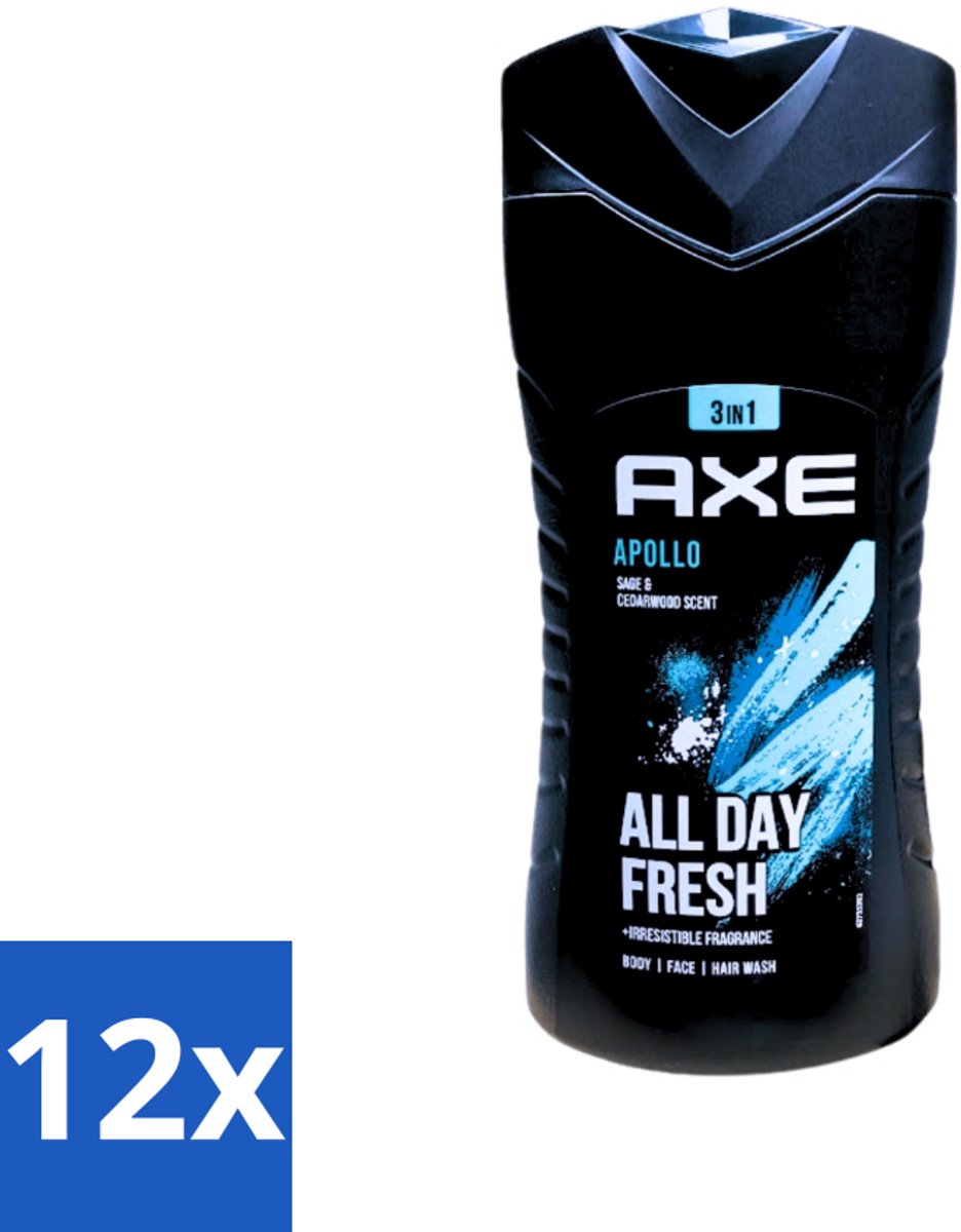 12 x Axe - 3-in-1 Douchegel - Apollo - Sage & Cedarwoord - All Day Fresh - 400 ml - Douchegel - Deodorant - Salie - Cederhout - Fris