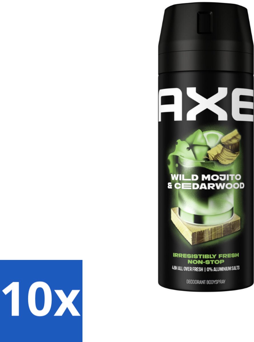 10 x Axe - Deodorant Bodyspray - 48hrs Fresh - Green Mojito & Cedarwood - 150 ml - 48 Uur Frisheid - Deodorant Spray - Geur Bestrijding - Frisse Geur - Cederhout