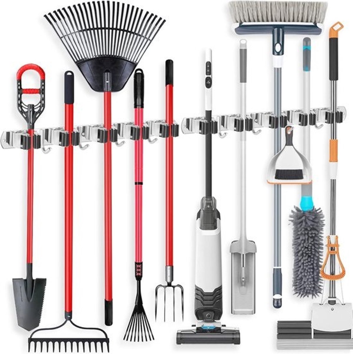 Broom Holder Wandbevestiging met 5 Racks en 4 Haken - Roestvrij Staal Broom Organizer voor Huishoudelijke Opberging