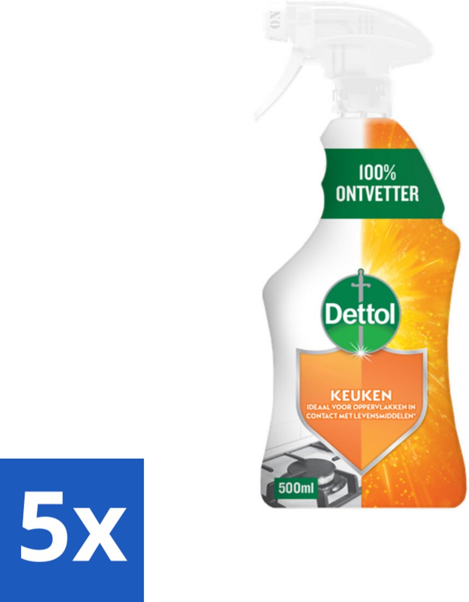 5 x Dettol Power Keukenreiniger Spray 500 ml - Keukenreiniger - Vetverwijderaar - Vuilverwijderaar - Hygiëne - Schone Keuken