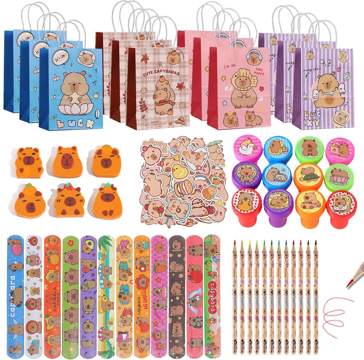 Yhjxly Capybara 110 stuks verjaardagscadeaus voor kinderen, themafeestaccessoires met geschenkzakjes, gum en - ShopVlot