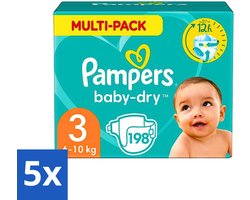5 x Pampers - Baby-Dry - Luiers - Maat 3 (6-10 kg) - 198 Luiers - Luiers Baby - Baby Droog - Lekken Bescherming - Babyhuid Bescherming - Superabsorberend