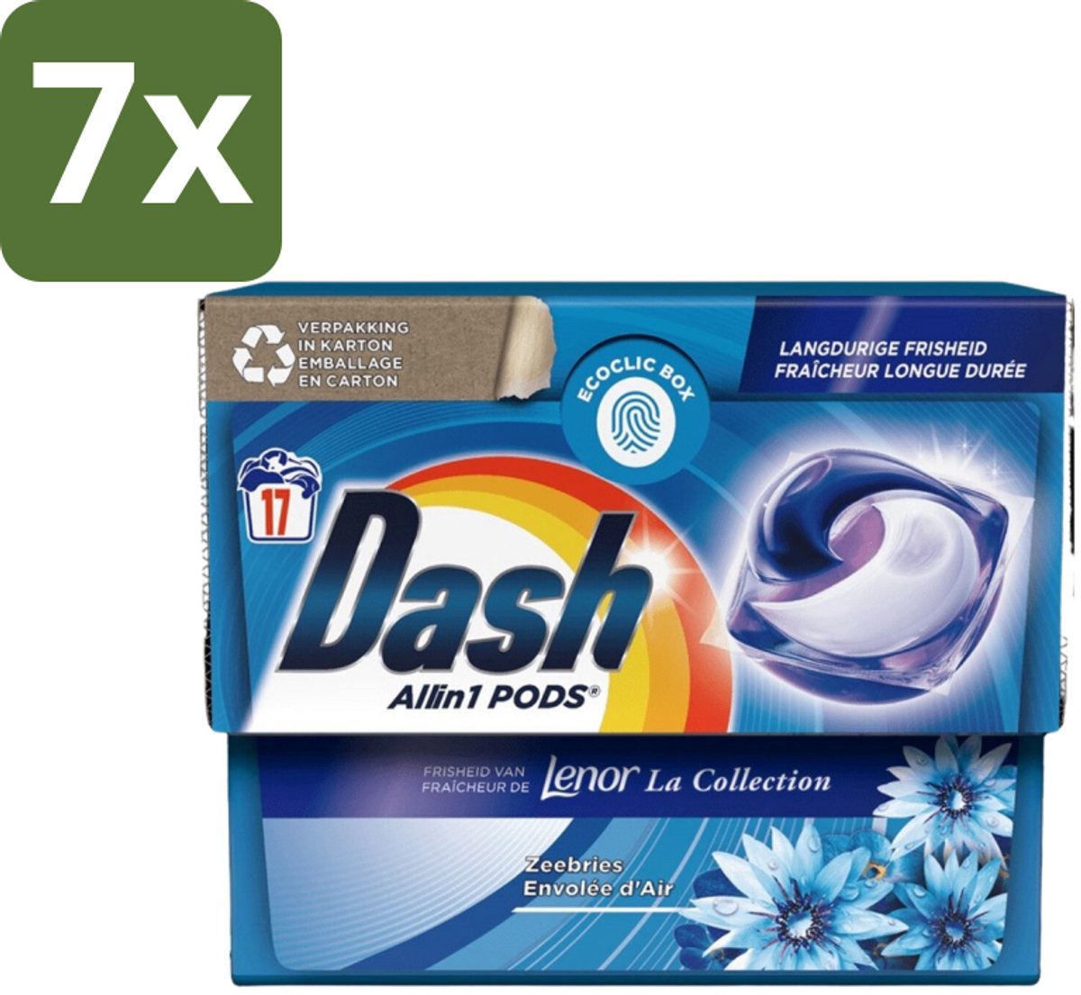 7 x Dash - Lenor Collectie - Wasmiddel Capsules - All-in-1 Pods - Witte en Gekleurde Was - Zeebries - 17 Wasbeurten - Wasmiddel Capsules - Zeebries Geur - Wasmachine Pod - Frisheid Was - Witte Was