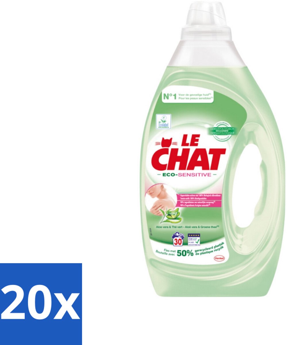 20 x Le Chat Eco-Sensitive - Vloeibaar Wasmiddel - Witte en Gekleurde Was - Aloë Vera & Groene Thee - 30 Wasbeurten - Eco-gevoelig Wasmiddel - Gevoelige Huid - Wasmiddel Gel - Duurzame Was - Wasmiddel Voor Gekleurde Was
