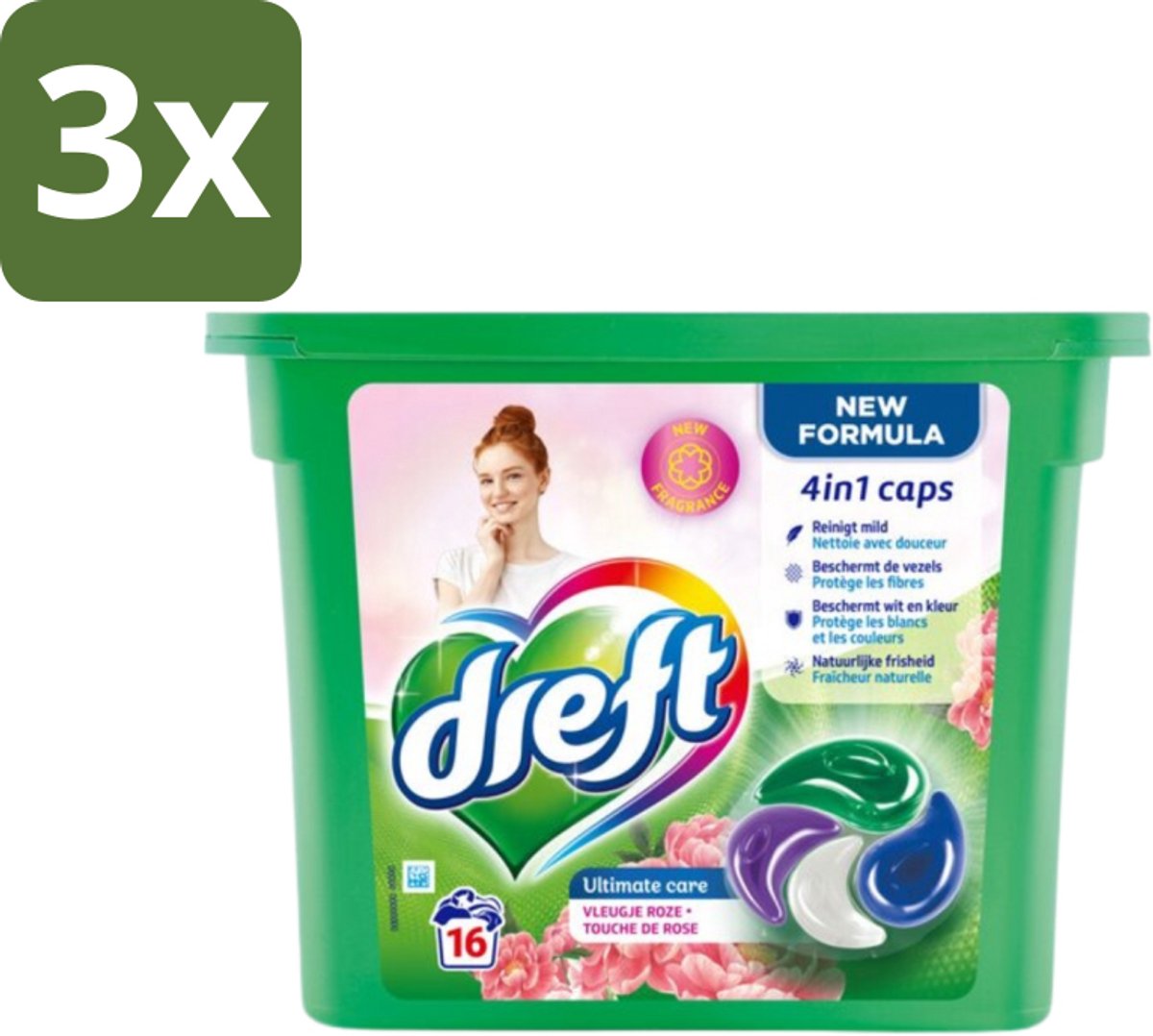 3 x Dreft - Nieuwe Formule - Wasmiddelcapsules 4in1 - Witte en Gekleurde Was - Vleugje Roze - 16 Wasbeurten - Wasmiddelcapsules - Wasbeurten - Kleurbescherming - Frisheid - Wasgoed