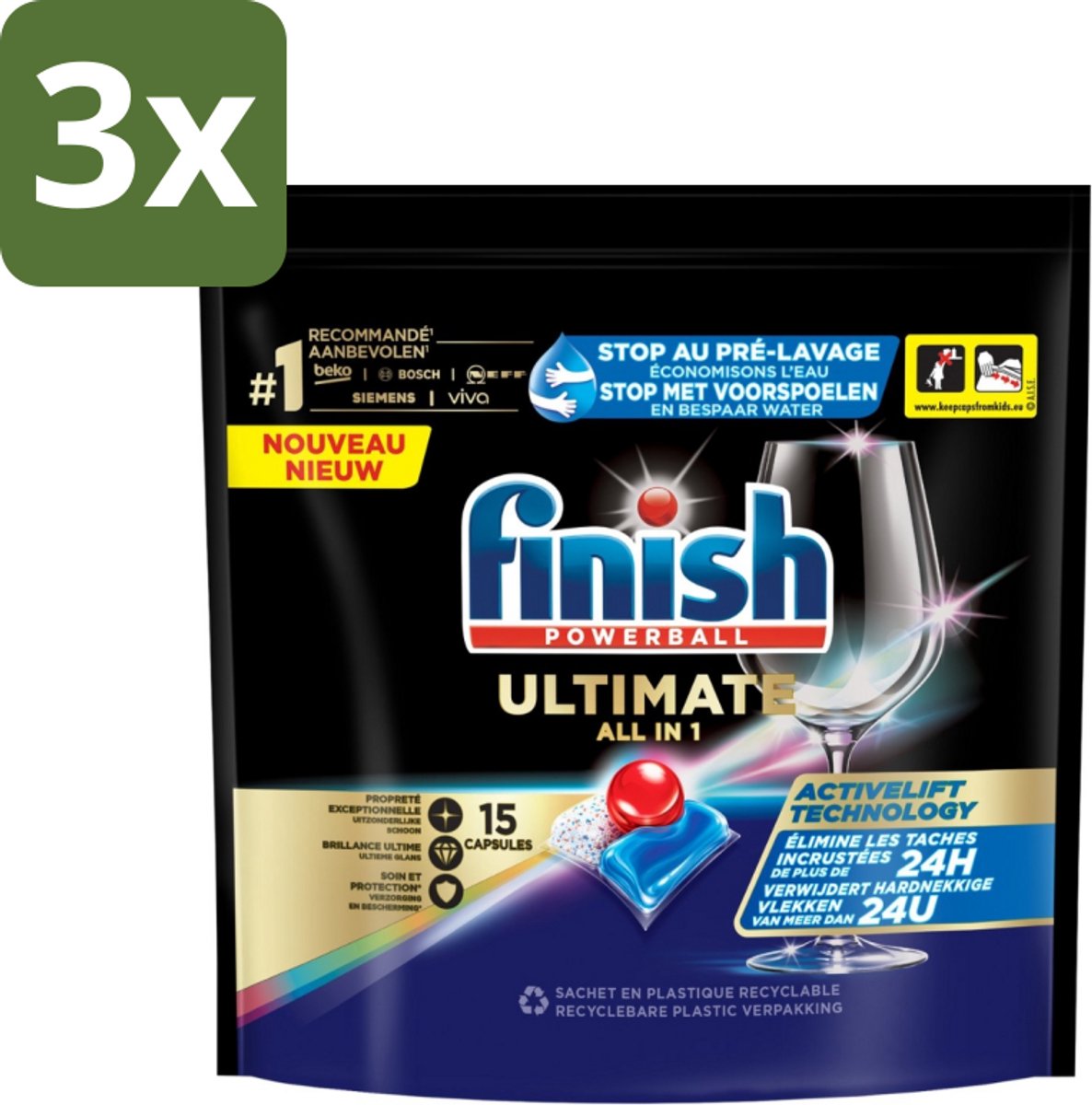 3 x Finish Powerball - Ultimate All in 1 - Vaatwastabletten - Activelift - 15 Capsules - Vaatwastabletten - Activelift - Reiniging - Glans - Vaatwassen